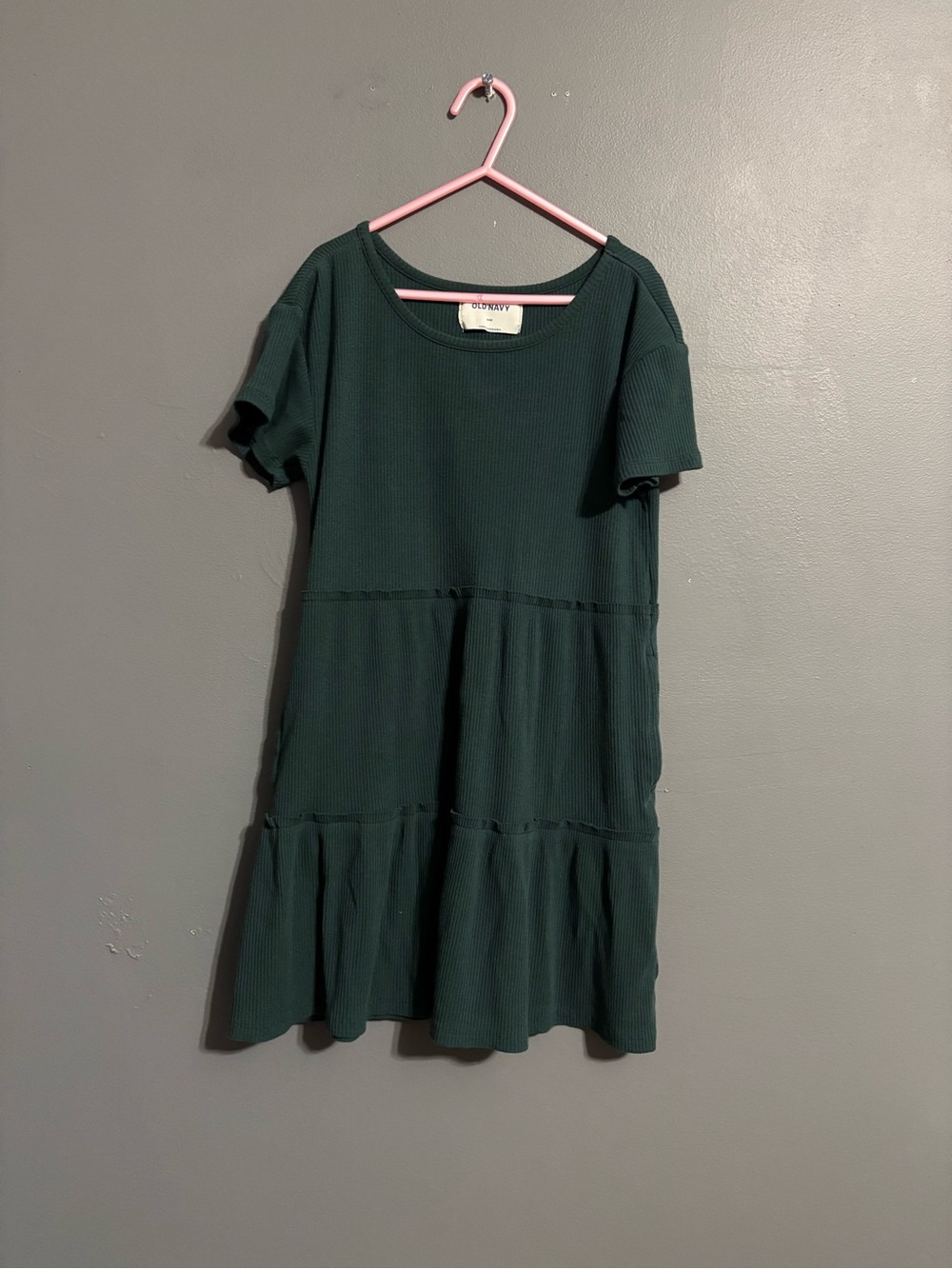 Old Navy dark Green Ribbed Knit Tiered Fairycore festive T-Shirt Dress girls M(8